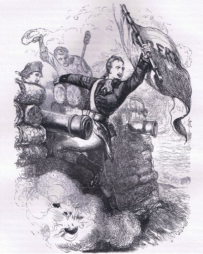 Sergeant Jasper herstelt de vlag, illustratie uit Cassells Geschiedenis van de Verenigde Staten uitgegeven door Cassell, Petter & Galpin, c.1900 door American English school