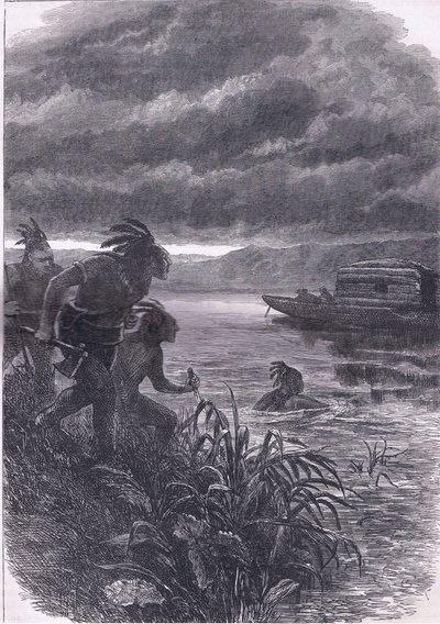 Handelaren op de Ohio aangevallen door wilden, illustratie uit Cassells Geschiedenis van de Verenigde Staten uitgegeven door Cassell, Petter & Galpin, ca. 1900 (litho) door American English school