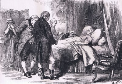Washington op zijn sterfbed, illustratie uit Cassells Geschiedenis van de Verenigde Staten gepubliceerd door Cassell, Petter & Galpin, ca. 1900 (litho) door American English school