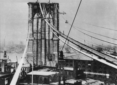 Brooklyn Bridge, New York, in aanbouw, ca. 1880 door American Photographer (after)