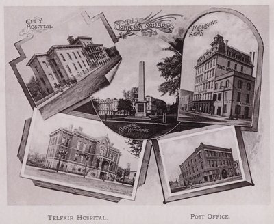City Hospital; Johnson Square; Greene Monument; Morning News, Telfair Hospital, Postkantoor door American Photographer (after)