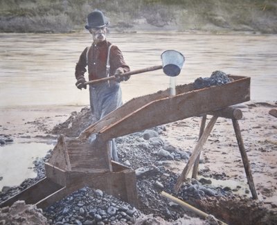 Amerikaanse goudzoeker die een sluisbak gebruikt door American Photographer