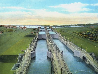 Vogelvlucht van Gatun Locks, met alle sluizen, Panamakanaal door American Photographer