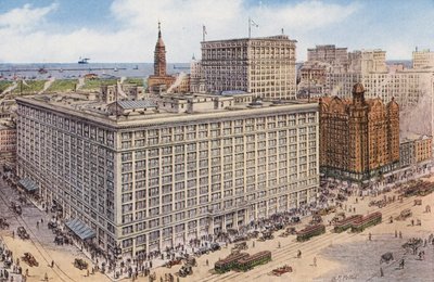 Chicago: Marshall Field and Company vanaf State and Randolph Streets, winkelpanden van de grootste winkel ter wereld (kleurenfoto) door American Photographer