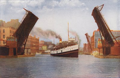 Chicago: State Street Basculebrug opgetild voor Excursiestoomboot (kleurenfoto) door American Photographer
