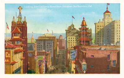 Uitzicht op California Street vanuit Chinatown, San Francisco, Californië (ingekleurde foto) door American Photographer
