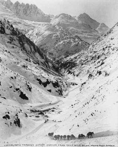 Kijken door Cutoff Canyon vanaf een halve mijl onder de White Pass Summit, tijdens de Klondike Gold Rush door American Photographer