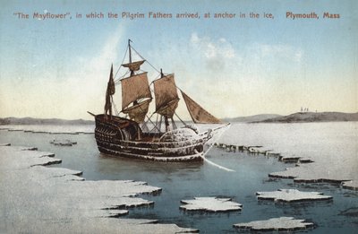 De Mayflower, waarin de Pilgrim Fathers aankwamen, voor anker in het ijs, Plymouth, Massachusetts (ingekleurde foto) door American Photographer