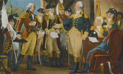 Washington slaat gebaren van Cornwallis af in Yorktown, Virginia (kleurenfoto) door American Photographer