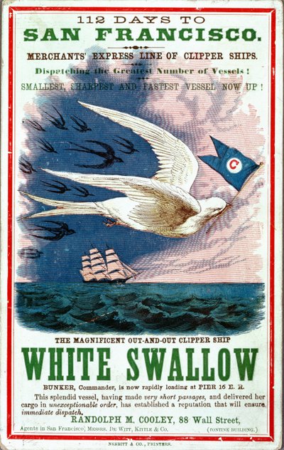 112 dagen naar San Francisco poster die Merchants Express Line of Clipper Ships adverteert, White Swallow door American School