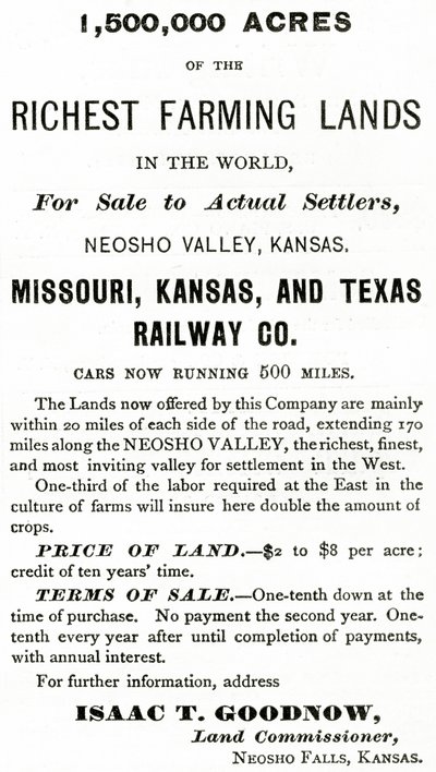 1.500.000 Acres van de Rijkste Landbouwgronden ter Wereld, in de Neosho Valley, Kansas, advertentie uit Appletons Journal, 4 mei 1872 door American School