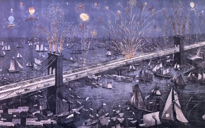 Een Vogelvlucht van de Grote New York en Brooklyn Brug en groot vuurwerk op openingsavond, 1883, uitgegeven door A. Major door American School