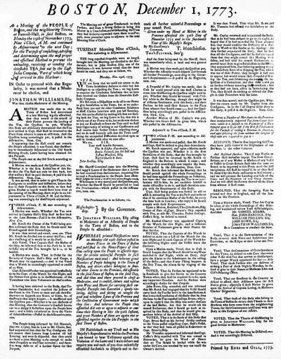 Een krant met details over de gebeurtenissen van de Boston Tea Party, december 1773 door American School