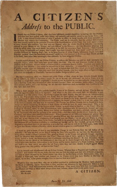 Een burgeradres aan het publiek over de steun aan koninklijke troepen, 18 december 1769 door American School