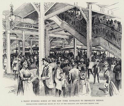 Een dagelijkse avondscène bij de New Yorkse ingang van de Brooklyn Bridge door American School