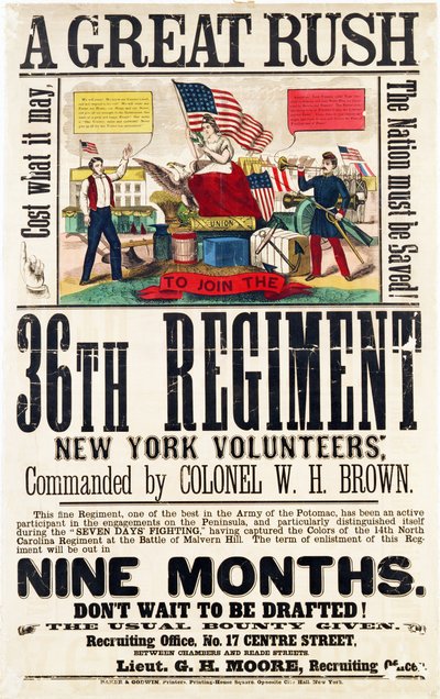 Een grote haast, wervingsposter voor het 36e Regiment, gepubliceerd door Baker & Goodwin door American School