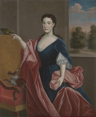 Een dame uit de Hudson Valley met hond en papegaai, ca. 1720-30 door American School
