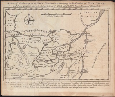 Een kaart van het land van de Vijf Naties, behorend tot de provincie New York; en van de meren nabij welke de naties van verre Indianen leven, met een deel van Canada, door Cadwallader Colden door American School
