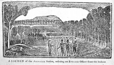 Een Sachem van de Abenakee-natie die een Engelse officier redt, illustratie uit Bickerstaffs Boston Almanack, uitgegeven 1768 door American School