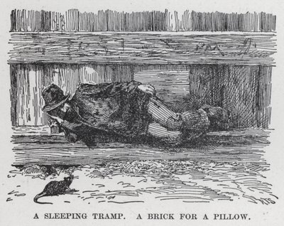 Een slapende zwerver, een baksteen als kussen (litho) door American School
