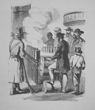 Een stoomaangedreven calliope, gebruikt op Amerikaanse stoomschepen, ca. 1870 (gravure) door American School