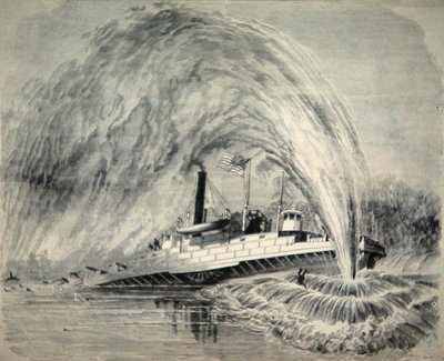 Een torpedo explodeert onder het federale kanonneerboot 