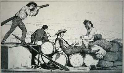Een platbodem die vracht vervoert op de Mississippi-rivier, ca. 1840 door American School