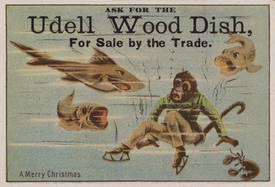 Een vrolijk kerstfeest, handelskaart die Udell houten schalen adverteert door American School