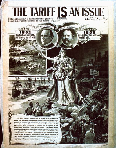 Een politieke poster die pleit voor McKinleys belastingcode boven die van Wilson door American School