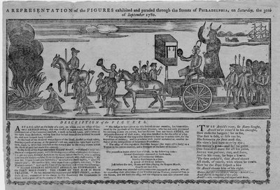 Een voorstelling van de figuren die door de straten van Philadelphia werden getoond en geparadeerd op zaterdag 30 september 1780 door American School