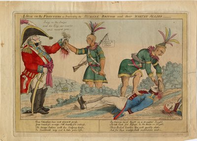 Een scène aan de grens zoals beoefend door de humane Britten en hun waardige bondgenoten, c.1813 door American School
