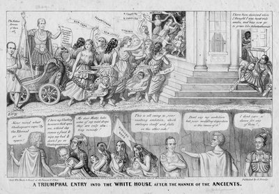 Een triomfantelijke intocht in het Witte Huis naar de wijze van de Ouden, uitgegeven door A Donnelly, New York, 1844 door American School