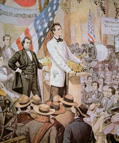 Abraham Lincoln (1809-65) in openbaar debat met Stephen A. Douglas (1813-61) in Illinois door American School