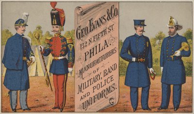Advertentie voor George Evans & Co, fabrikanten van militaire, band- en politie-uniformen, 132 N Fifth Street, Philadelphia door American School