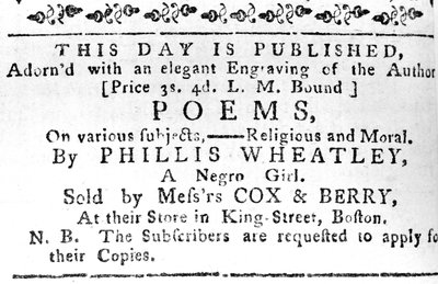 Advertentie voor Phillis Wheatleys eerste boek, uit de Boston Gazette, 7 februari 1774 door American School