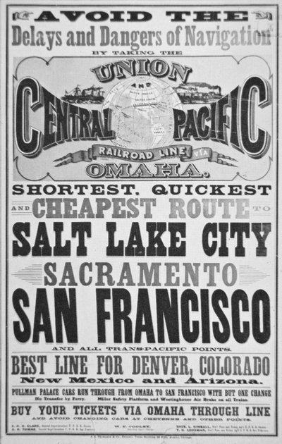 Advertentie voor Union en Central Pacific Railroad Line, ca. 1870 door American School
