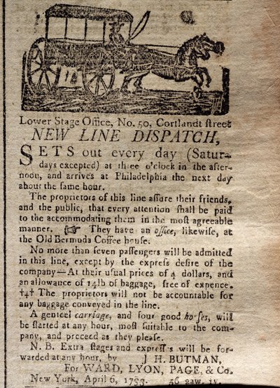 Advertentie voor de New Line Dispatch, uit The New York Journal & Patriotic Register, 6 april 1793 (prent) door American School