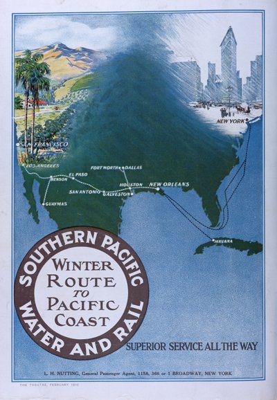 Advertentie voor de Winterroute naar de Pacifische Kust van Southern Pacific Water and Rail, uit Theatre magazine, 1910 door American School