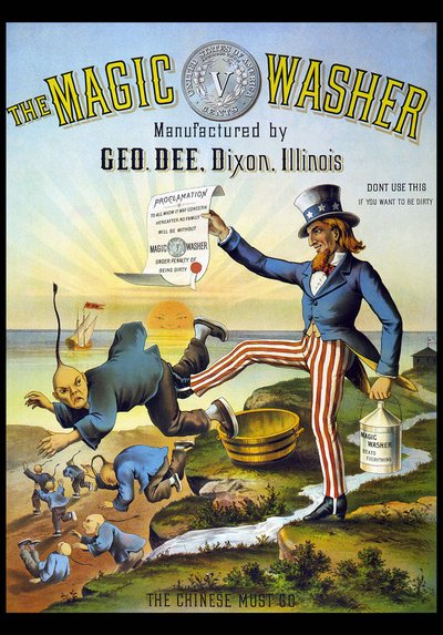 Reclame voor een schoonmaakproduct met Uncle Sam die een Chinees jaagt door American School