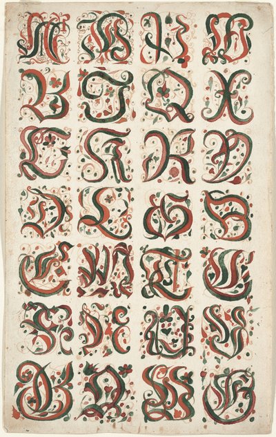 Alfabet, Fraktur schilderij, ca. 1825-50 door American School