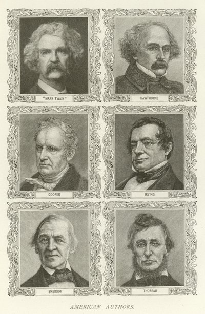 Amerikaanse auteurs, Mark Twain, Hawthorne, Cooper, Irving, Emerson, Thoreau door American School