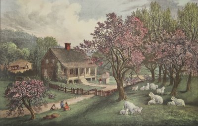 Amerikaans landhuis - Lente, uitgegeven 1869, Currier & Ives door American School