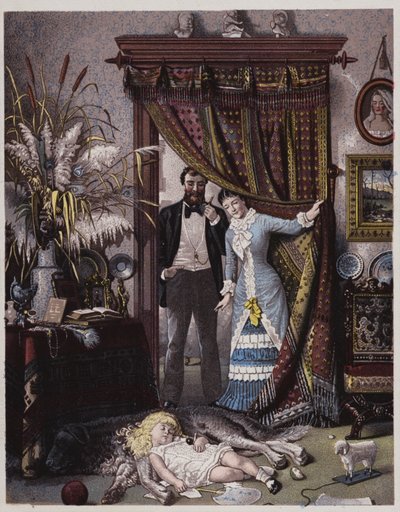 Amerikaans koppel kijkt naar hun dochter die op de hond slaapt (kleurenlitho) door American School