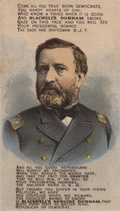 Amerikaanse soldaat en politicus Ulysses S Grant, handelskaart die Blackwell Durham Bull Tobacco adverteert, 1870s door American School