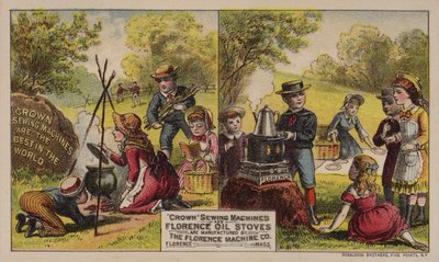 Amerikaanse handelskaart die naaimachines en oliekachels adverteert, vervaardigd door de Florence Machine Company, Massachusetts, ca. 1880s door American School