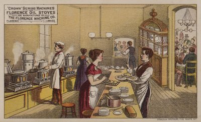 Amerikaanse handelskaart die naaimachines en oliekachels adverteert, vervaardigd door de Florence Machine Company, Massachusetts, ca. 1880s door American School