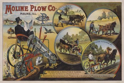 Amerikaanse handelskaart die de Moline Plow Company, Illinois, c1880s adverteert door American School