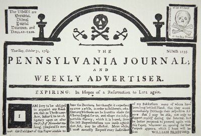 Een Amerikaanse reactie op de door de Britten opgelegde Stamp Act, gepubliceerd in The Pennsylvania Journal and Weekly Advertiser op 31 oktober 1765 door American School
