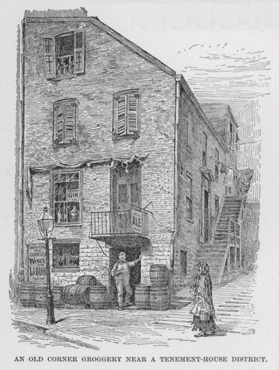 Een oude hoekkroeg nabij een woonwijk (litho) door American School