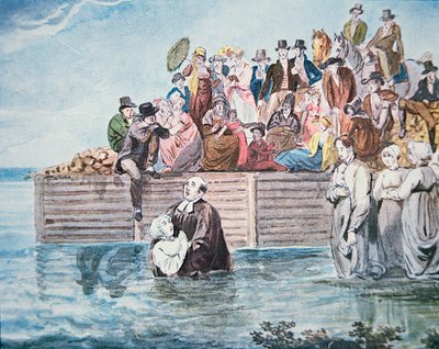 Anabaptisten van Philadelphia getuigen van een volledige onderdompeling doop in een rivier door American School
